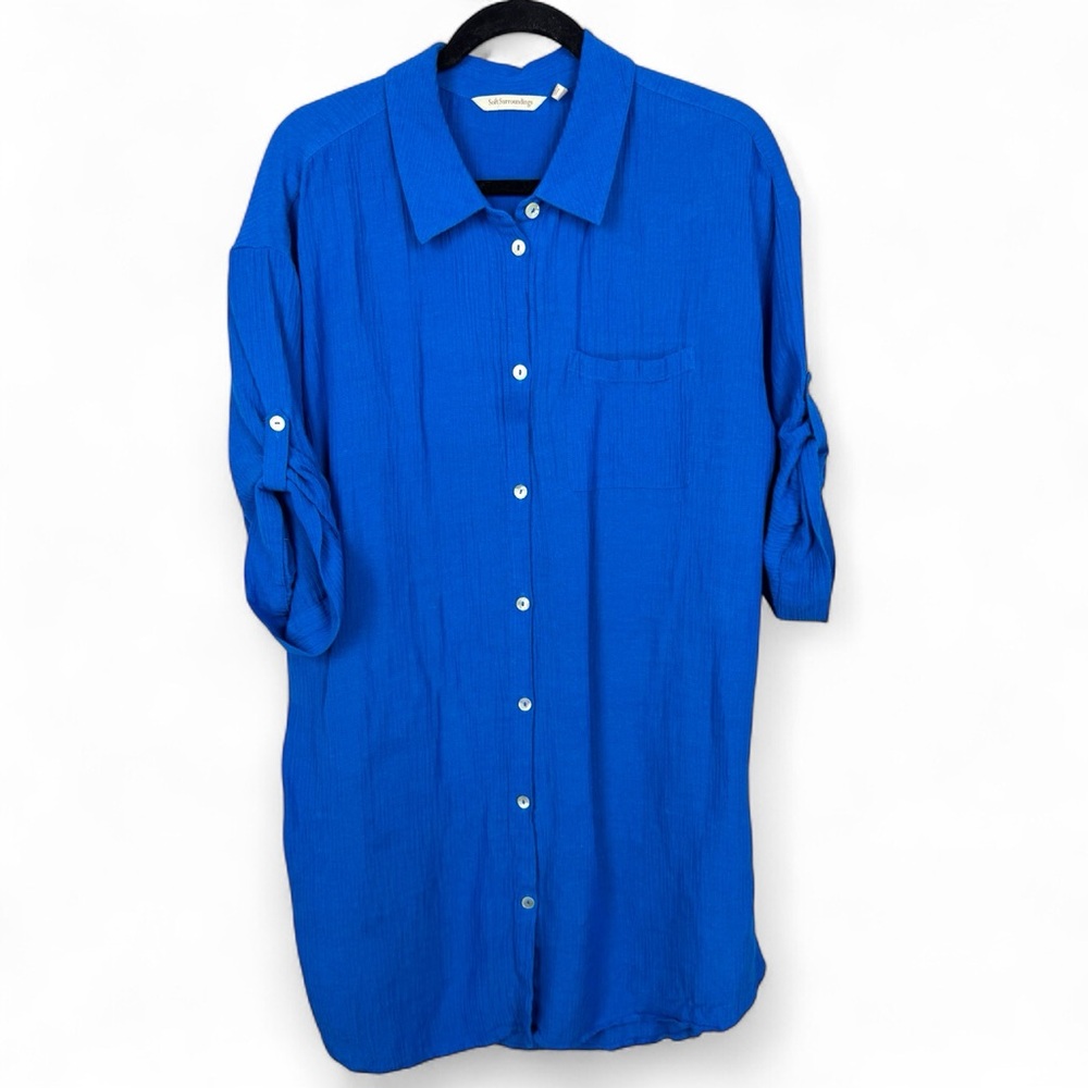 Soft Surroundings Blue Tunic Button Down Rami Rayon Blend Crinkle Size S